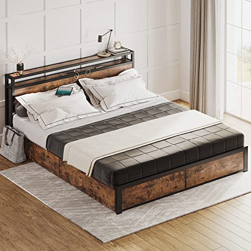 LIKIMIO Queen Bed Frame with Storage Drawer, 2Tier Storage Headboard