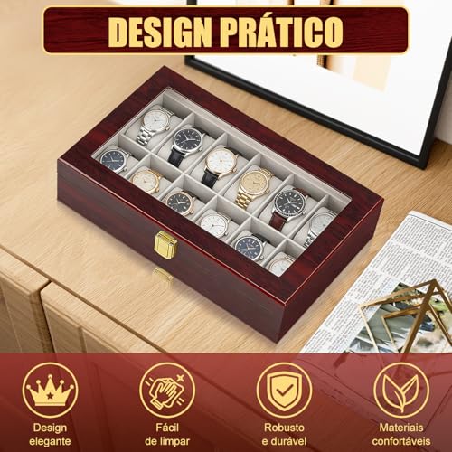 Caixa de Relógio com 12 Compartimentos, Caixa de Madeira para Relógios, Porta Relógio Masculino, Caixa de Relogio, Organizador Porta Relógio com Tampa de Vidro Grande