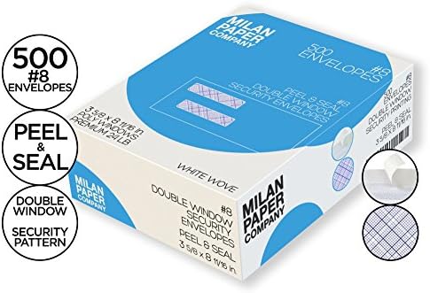 #8 Double Window Security Envelope Peel and Seal, Premium 24lb Paper, White Wove 500 Pack - 3 5/8 X 8 11/16 size
