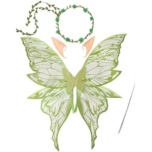 Fairy Wings Adult Women，Fairy Costume Set with Elf Ears & Flower Arm Wrap & Wands for Party、Cosplay、Halloween（4 Pcs） Green