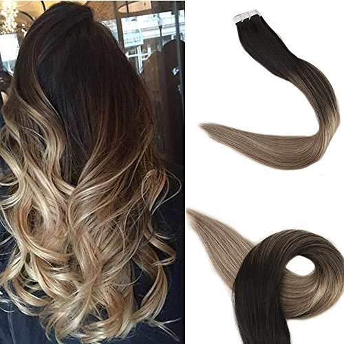 Full Shine 18 inch Ombre Hair Extensions Human Hair Extensions Glue in Human Hair Black Roots Color #1B Fading to #8 and #22 Blonde 20Pcs 50gram