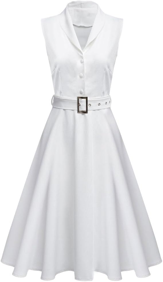 Amazon ノースリーブワンピース シングルブレスト ドレス ソリッドカラー ベルト付 ボールガウン適用 ショールカラー ファッションドレス Xl 白 ワンピース チュニック 通販