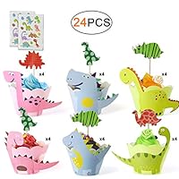 Dinosaur Cupcake Toppers and Wrappers 24 Pack Cute Dino Cupcake and Cake Decorations for Kids Boys Dinosaur Party Supplies Birthday & Baby Shower