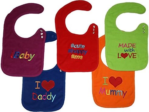 BEST Baby Fashion Teething Bibs With Snaps Closure (5 Pack) Unisex Colors With Unique Embroidery Designs Double Layers 100% Terry Cotton Colorful Dribble Unique Drool Bibs Set