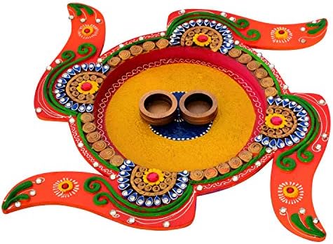 Gems And Jewellery Wooden Indian Handmade Coloured Sathiya Design Pooja Thali with Diya (11.5x11.5x1 Inch, Weight-442 g, Multicolour)