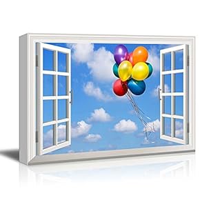 Canvas Print Wall Art - Window Frame Style Wall Art - Balloons Flying in Blue Sky | Giclee Print Gallery Wrap Modern Home Decor. Stretched & Ready to Hang - 24" x 36"