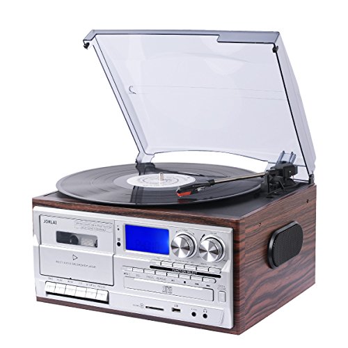 JORLAI Vinyl Record Player 8 in 1 3 Speed Bluetooth Vintage Turntable CD Cassette Player AM/FM Radio USB Recorder Aux-in RCA Line-Out