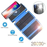 Solar Charger 20000mAh,Wireless Qi Power Bank Portable Solar Battery Charger with 3 Solar Panels Flashlight 5V 2.1A Dual Port Output Waterproof External Battery Pack for Outdoor Camping Travel-Blue