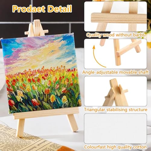 60 Pieces Mini Canvas Art Easel 12 Small Triangular Artist Easels with 12 Canvases, 12 Brushes and 12 Paint Palettes and 12 Watercolor for Fans and Artists