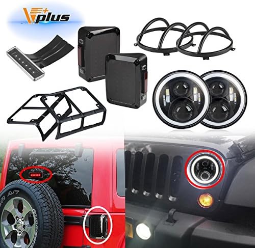 (9PCS) 7 inch LED Headlights Round Daymaker Full Halo High Low Beam w/Guard Covers &amp; Tail Brake Light Assembly w/Guard Protectors &amp; Rear Third Brake Stop Assembly for 07-17 Jeep Wrangler JK TJ