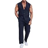 Epoleatries Mens Linen Sets 2 Piece Outfits Sleeveless Shirt and Pants Set Vacation Outfit for Men Summer Beach Suits