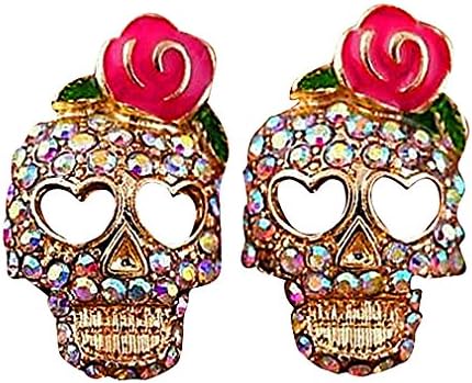 FanC, Women's Colorful Rhinestone Skull Shaped Pink Green Rose Stud Earrings