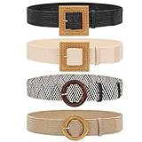 Set of 4 Straw Woven Elastic Stretch Waist Belts for Women, Fashion Boho Ladies 