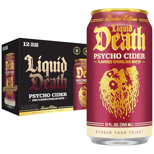 Liquid Death, Psycho Cider, Apple Cider-Flavored Sparkling Water, 12-Pack (12oz Cans), Low Calorie & No Artificial Sweeteners