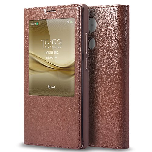 Huawei Mate 8 Case, Pasonomi® [Smart Window View] Genuine Leather Stand Cover Case - Ultra Thin Slim Flip Wallet Case for Huawei Mate 8 2015 Release (Brown)