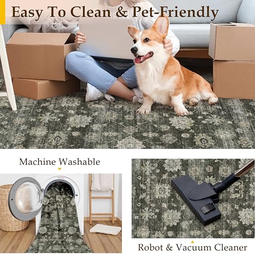 PureCozy Rugs Living Room 200x300cm Green Washable Non Slip Large Vintage Area Bedroom Rug Bedside Nursery Lounge Office Playroom Indoor Big Carpet Low Pile Carpets Retro