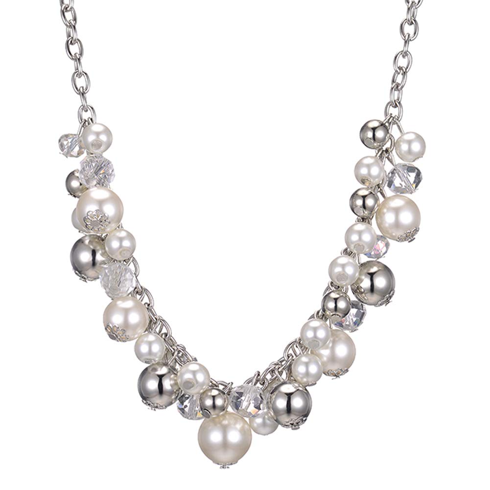 BULINLIN Short Beaded Pendant Chain Necklace Silver Costume Handmade Necklace with Crystal Pearl Beads Fashion Jewellery (White)