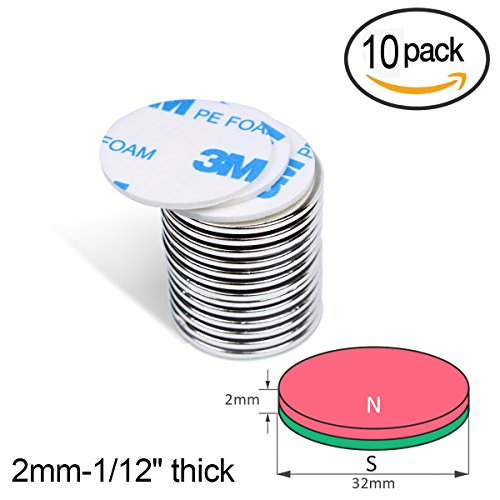 FEYG Neodymium Disc Magnets, 10Pcs Super Strong Rare Earth Magnets with 12Pcs Adhesive Backing, 1.26"D X 0.08"H for DIY Crafts, Fridge, Scientific Use