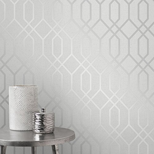 Quartz Trellis Geometric Wallpaper Silver and Grey Fine Decor FD42304