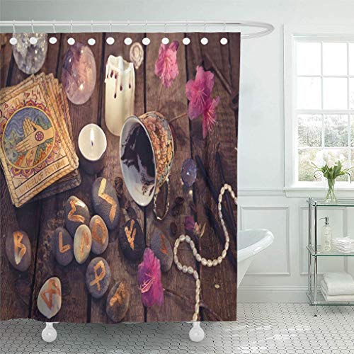 AUUOCC shower-curtains 72 x 78 inches Divination Rite with Coffee and Stone Runes Halloween and Tarot Reading Ritual Set with Hooks Decorative Waterproof Polyester Fabric Bathroom Shower Curtains
