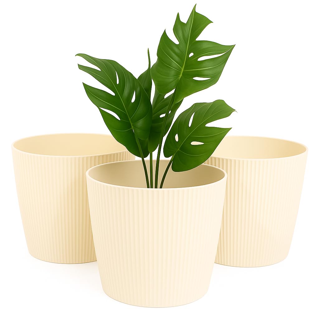 Home Garden Ornaments Small Plant Pots Indoor – Indoor Plant Pot for Home and Garden, Decorative Striped Set of 3 Flower Pots (Diameter 15.5cm, Cream)