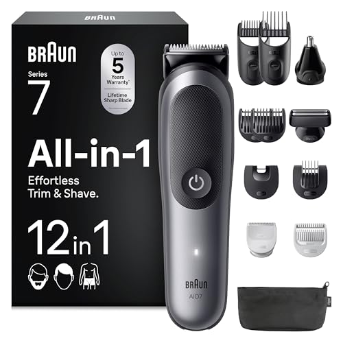 Braun Tondeuse Electrique Homme, Tout-en-Un Series 7 AIO7545 12-en-1, Grise – Etanche, Batterie Rechargeable, Lame ProBlade, sans Fil, Coffret avec 7 Sabots, 3 Accessoires, Emballage en Carton