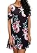 QIXING Women's Summer Cold Shoulder Floral Print Tunic Top Swing T-Shirt Loose Dress with Pockets Black-L