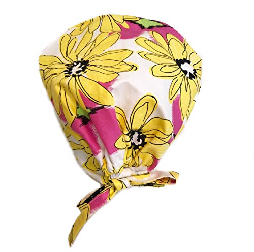 Grace N May Scrub Cap Surgical Women - Front Fold Tie Back - Big Yellow Flowers