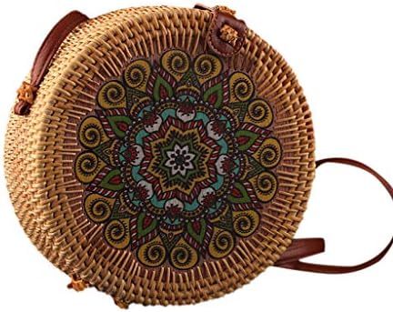 Bibao Women Handmade Circle Handwoven Round Rattan Bag, Crossbody Bag Boho Knit Wicker Basket Beach Bag (C)