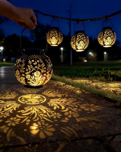 KALAHOL 2 Pack Solar Lanterns Light, Outdoor Lanterns for Garden with Beautiful Pattern, IP44/Auto On Off, Outdoor Hanging Garden Solar Lights for Garden Outside Patio Courtyard Table Balcony