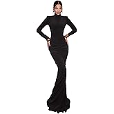 Women's Elegant Long Sleeve Pleated Maxi Dress High Neck Bodycon Mermaid Dresses with Shoulder Pads for Party Cocktail