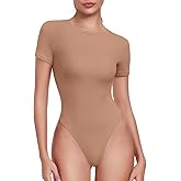 HeyNuts Women's Double Layer Ultra Soft Short Sleeve Crew Neck Thong Back/Brief Back T-Shirts Bodysuit, Causal Tops Basic Tee