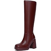 Athlefit Black Knee High Boots for Women Platform Tall Boots Fashion Square Toe Chunky Heeled Booties