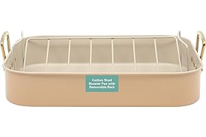 Gibson Home Broxton 2-Piece Nonstick Roaster Pan with Rack – 16 x 12 Inch Apricot Turkey Roasting Pan with Cast Aluminum Gold Handles – Oven-Safe, Easy-Clean, Holiday Cookware