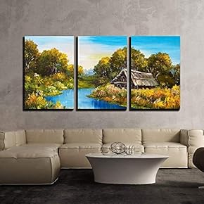 3 Piece Canvas Wall Art - Oil Painting - Farmhouse Near The River, River Blue, Blue Sky, Summer Forest - Modern Home Art Stretched and Framed Ready to Hang - 16"x24"x3 Panels