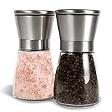 Premium Stainless Steel Salt and Pepper Grinder (Set of 2) - 6 Oz Glass Base Pepper Mill and Salt Mill - Adjustable Coarseness Grind Setting Salt and Pepper Shakers by Bloomingoods