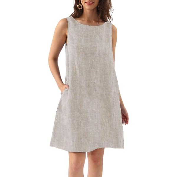 LeMuse Women's Linen A-Line Dress – Short Sleeve Above the Knee Casual Dress  with Pockets, Breathable Lightweight Fabric, Versatile Wear for All Seasons 