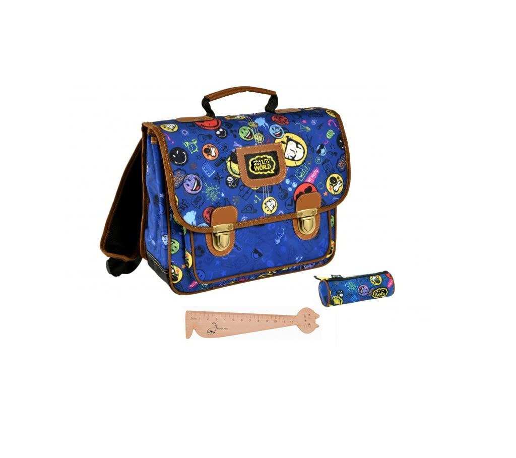 Blumie School Bag 38 cm + Round Assorted Pencil Case + 1 Ruler Wooden Bookmark