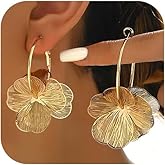 Boho Gold Flower Hoop Earrings for Women Dainty Cute Filigree Ginkgo Leaf Floral Dangle Hoops Earring Trendy Prom Huggie Statement Jewelry Accessories