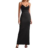 EYNMIN Women's Satin Spaghetti Strap Maxi Dress Lace Cowl Neck Backless Bodycon Long Cocktail Wedding Guest Dresses