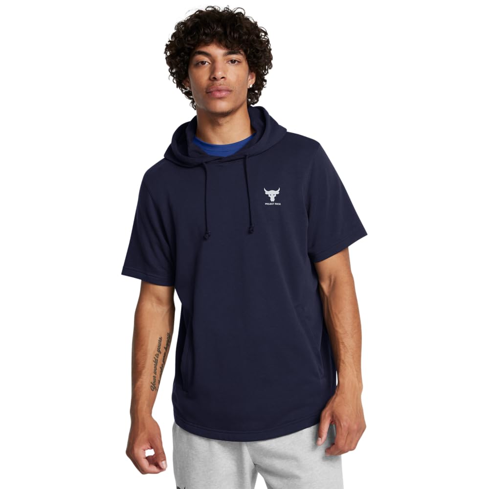 Under Armour Men’s Project Rock Payoff Short Sleeve Terry Hoodie, (410) Midnight Navy / / Mod Gray, Large