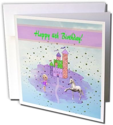 3dRose gc_180771_5 6 x 6-Inch Glitter Look Castle With Fairy Princess And Unicorn Happy 4Th Birthday - Greeting Card - Image 3