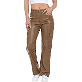 HDE Women's Faux Leather Cargo Pants with Pockets High Waisted Y2K Relaxed Pant
