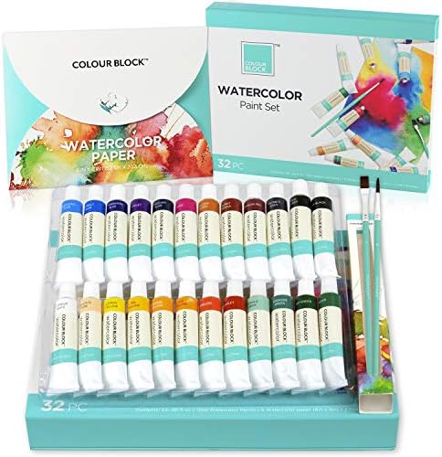 COLOUR BLOCK 32pc Watercolor Paint Tubes Set with Brush and Watercolors Paper I Greatest Artwork Provide for Youngsters, Teenagers, Adults I Non Poisonous Water Shade Provides for Newbie, Pupil to Skilled Artists