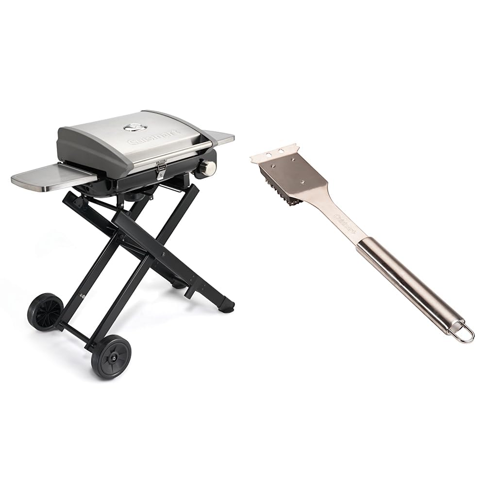Cuisinart CGG-240 All Foods, 27.3” L x 38” W x 23.5” H, Roll-Away Gas Grill, Stainless Steel & CCB-5014 BBQ Grill Cleaning Brush and Scraper, 16.5”, Stainless Steel, 16. 5”