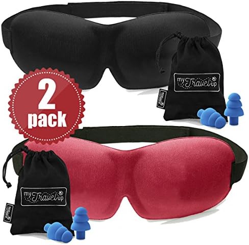 2 PACK - Luxuriously soft 3D SLEEP MASK, pleasant touch, PERFECT MAKE UP without defects and PAIR of HIGH FIDELITY EARPLUGS – give you a blissful SILENCE everywhere - MyTravelUp (Black &amp; Red)