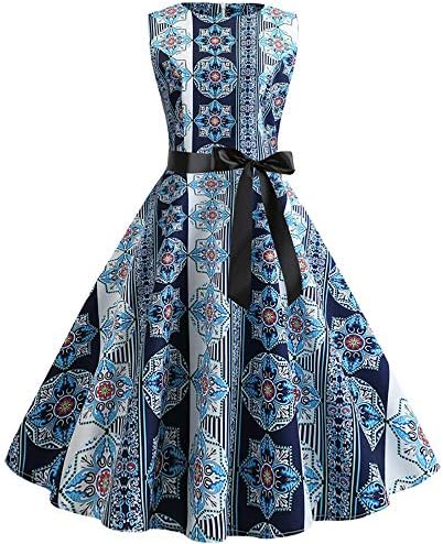 Quellfluss Women's Sleeveless Vintage Swing Casual Party Dress Floral Maxi Cocktail Evening Dress with Belt