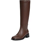 QIY Knee High Boots for Women Chunky Heel Brown Stretch Tall Boots for Women Fall Calf High Heeled Long Leather Square Toe Boot Low Heel Size 7