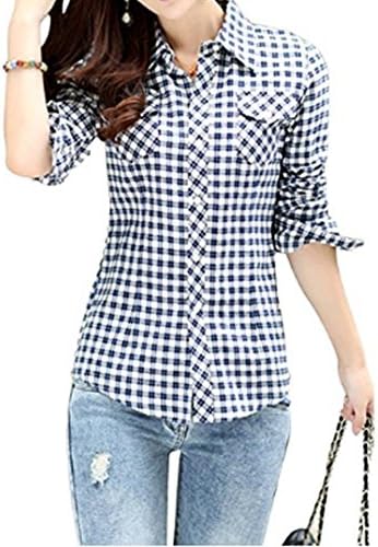 FShop365 Women Casual Long Sleeve Tartan Blouse Button Down Fashion Plaid Shirt Beige M