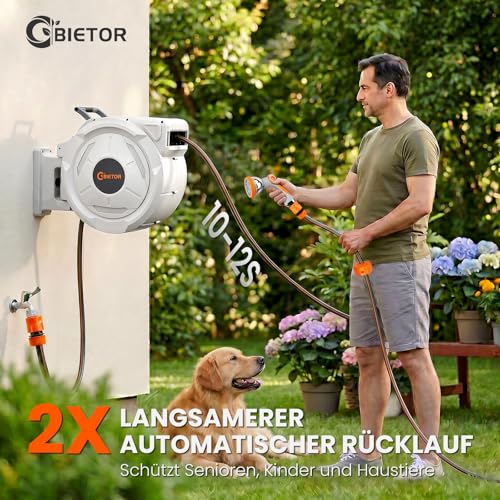 Bietor Hose Reel Water 45 m + 2 m, 180° Swivelling Wall Hose Box, Automatic Garden Hose Drum with 10 Functions Garden Shower for Watering, Car Washing